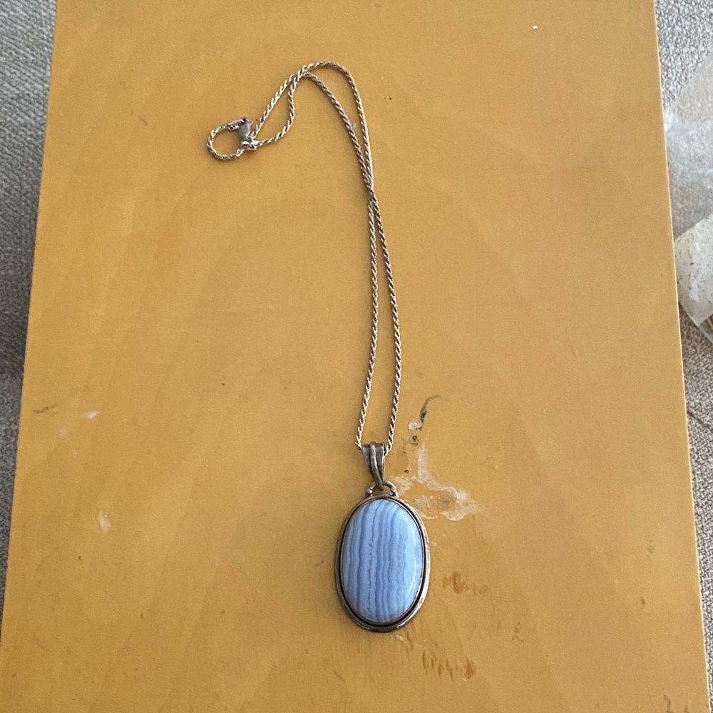 Sterling Silver Necklace with Large Blue Lace Agate Pendant